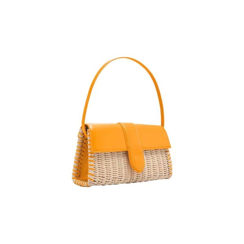 Jacquemus Cow Leather Patchwork With Wicker Shoulder Bag Crossbody Bag Handbag Women's Dark Yellow-1