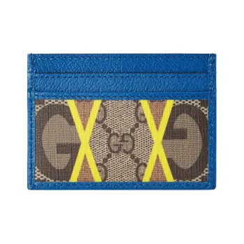 GUCCI Canvas With Leather Card Holder Women's Blue/Brown/Yellow