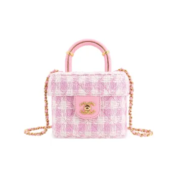 CHANEL Lambskin And Tweed Blend Portable One Shoulder Crossbody Makeup Bag Small Size Women's Pink/White
