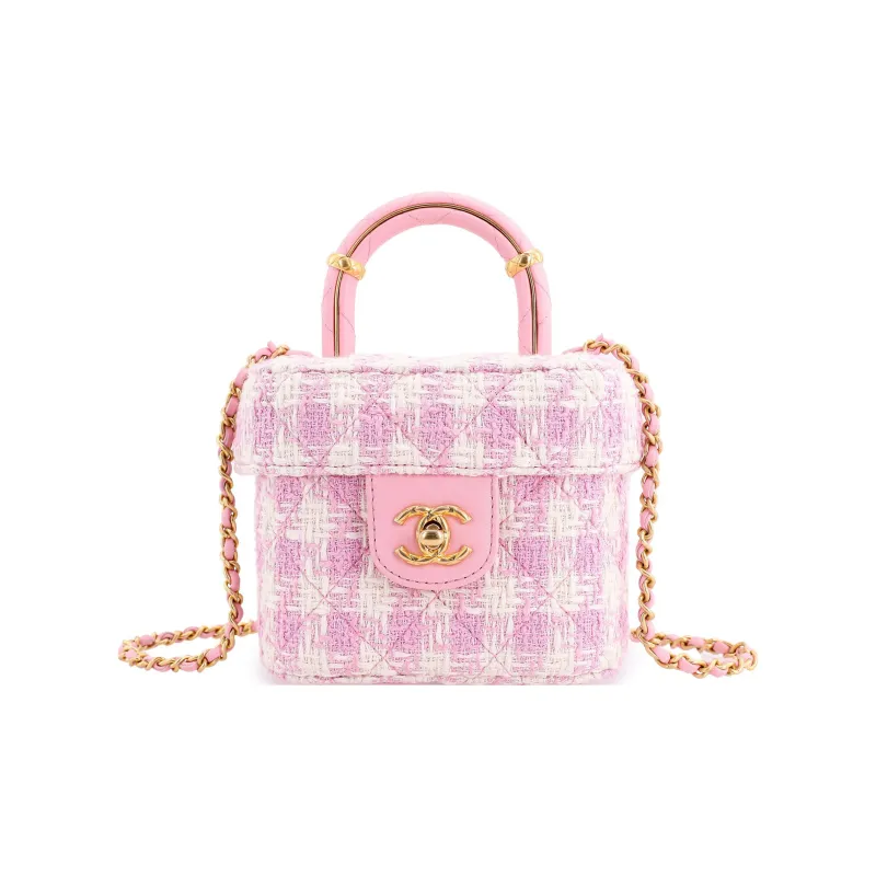 CHANEL Lambskin With Tweed Portable One Shoulder Crossbody Makeup Bag Trumpets Women's Pink/White-0