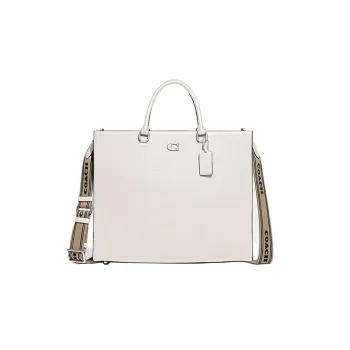 COACH Cross-Stitch Leather Canvas Tote Shoulder Bag Crossbody Bag Handbag Large Size Women's White