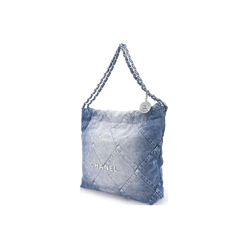 CHANEL 22Bag Distressed Denim Trash Bag Handbag Shoulder Bag Women's Washed Denim Blue-2