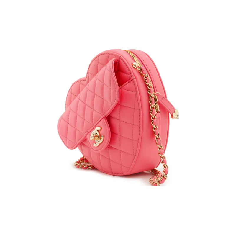 CHANEL Lambskin Heart Bag, Heart Shaped Bag, Shoulder Bag, Crossbody Bag Women's Coral Pink-1