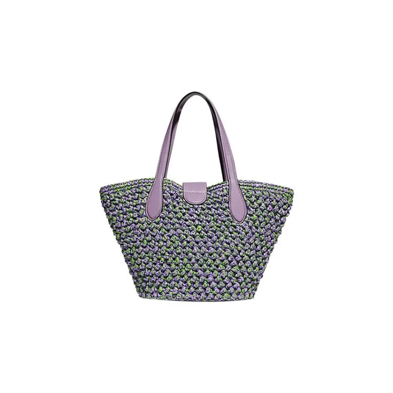 COACH Straw Woven With Leather Tote Bag Shopping Bag Basket Bag Handbag Shoulder Bag Women's Multicolor-2