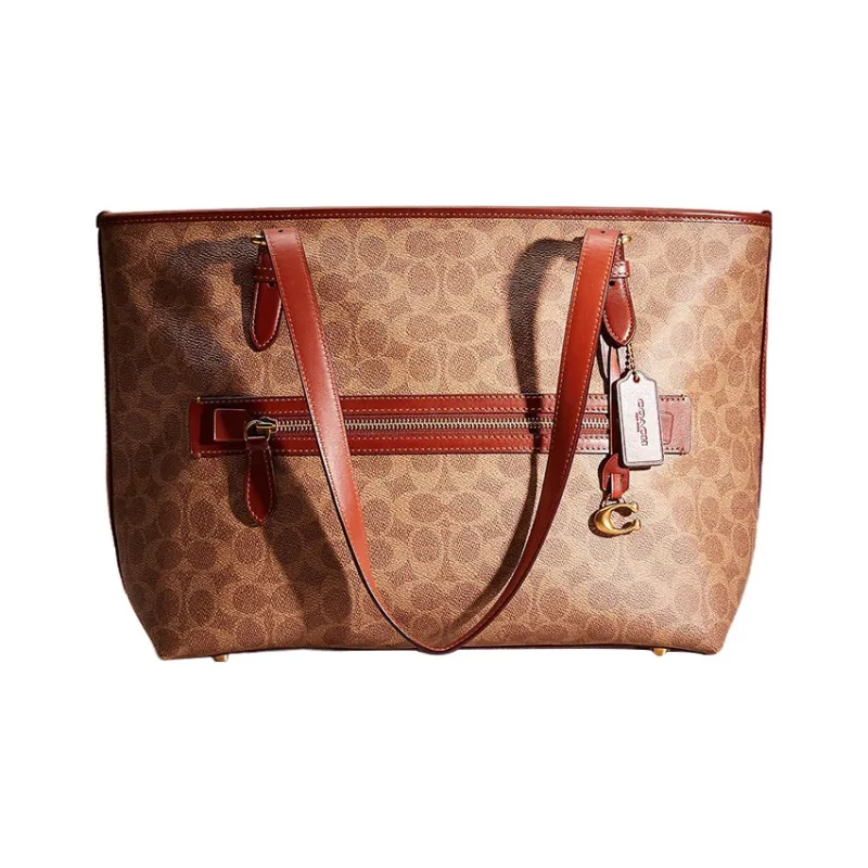 COACH Taylor Canvas With Calfskin Tote Bag Shopping Bag Handbag Shoulder Bag Large Size Women's Brown-0