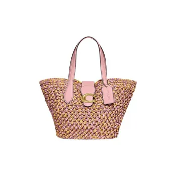 COACH Straw Straw Woven With Leather Tote Bag Shopping Bag Basket Bag Handbag Shoulder Bag Women's Pink