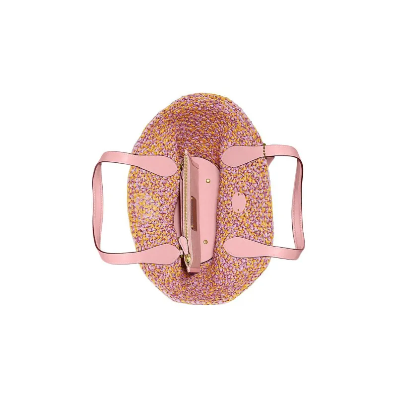 COACH Straw Straw Woven With Leather Tote Bag Shopping Bag Basket Bag Handbag Shoulder Bag Women's Pink-3