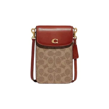 COACH Phone Canvas With Calfskin Cell Phone Pouch Shoulder Bag Crossbody Bag Mini Women's Brown & Dark Red Wood Color