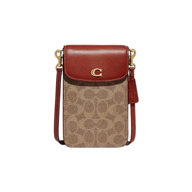 COACH Canvas With Calfskin Cell Phone Pouch, Shoulder Bag, Crossbody Bag Mini Women's Brown & Dark Rosewood-0