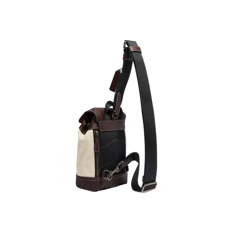 COACH Hudson Pebbled Leather With Canvas Sling Bag, Crossbody Bag Mini Men's Beige & Red Brown-1