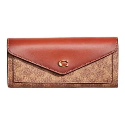 COACH Wyn Calfskin With Canvas Clutches Wallets Small Size Women's Brown & Russet