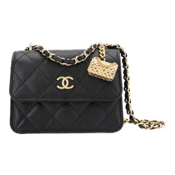 CHANEL WOC Embossed Calfskin With Grains Flap Bag Clutches Handbag Shoulder Bag Crossbody Bag Small Size Women's Black