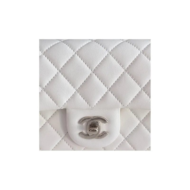 CHANEL 23C Spring Classic Flap CF Sheepskin Shoulder Bag, Crossbody Bag Women's White-1