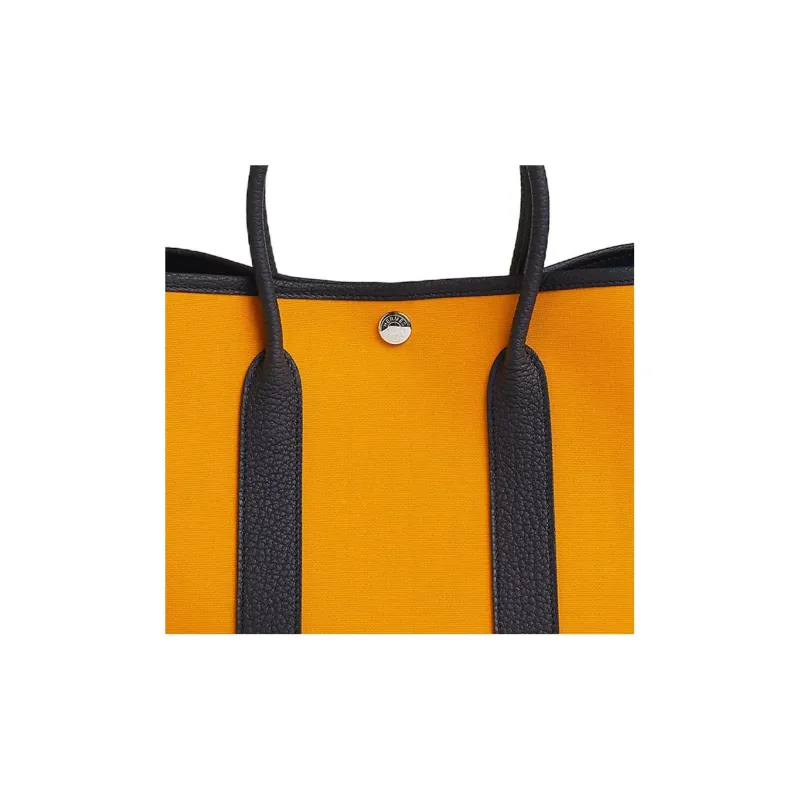 HERMES Garden Party Officier Canvas With Negonda Calfskin Canvas Bag Handbags Unisex Gold/Ultramarine Blue/Indigo-7