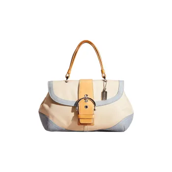 COACH Soho Canvas With Leather Canvas Bag Flap Handbag Handbag Large Size Women's Light Yellow & Blue