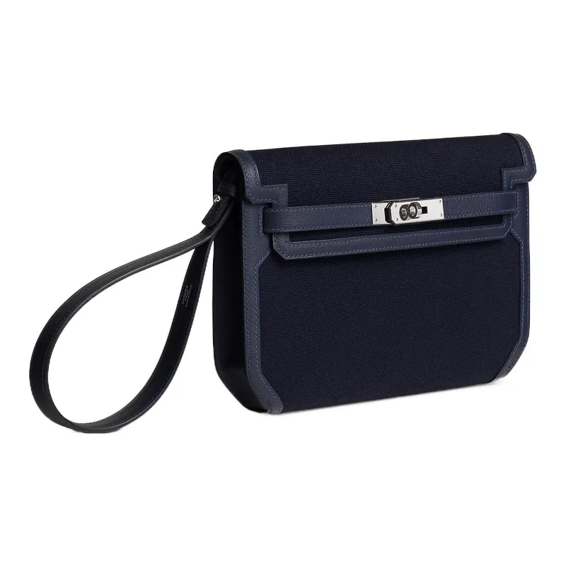 HERMES Kelly Depeches Goeland Fabric With Evercolor Calfskin Clutch Men's Marine Blue With Midnight Blue Accents-1