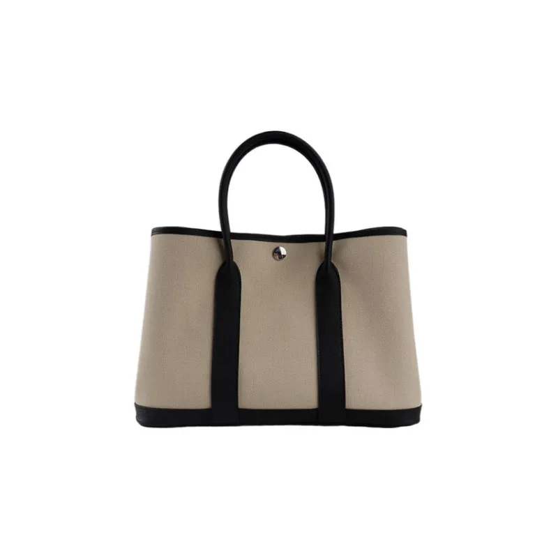HERMES Garden Party Canvas With Leather Canvas Bag, Garden Bag, Handbag Regular Unisex Concrete Gray/Black-0