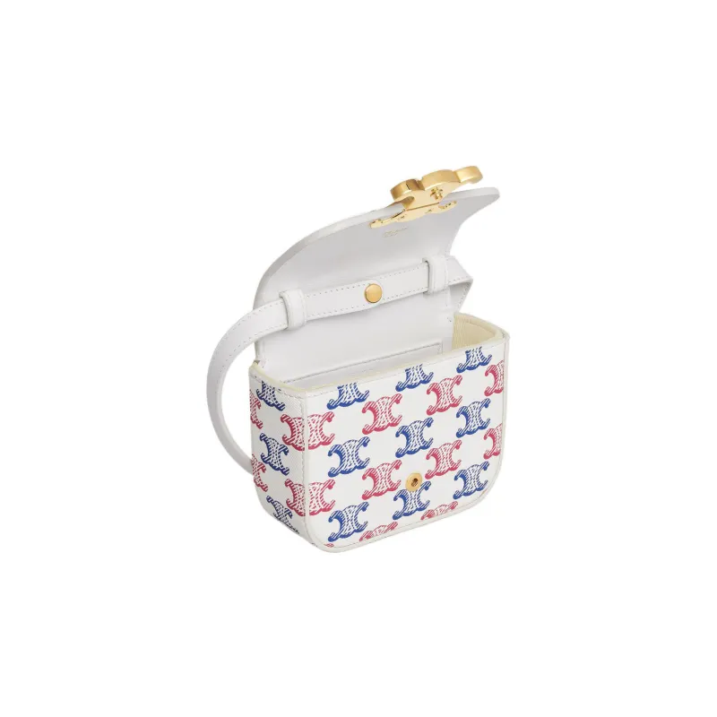 CELINE Triomphe Canvas paneled Calfskin Trim Handbag, Shoulder Bag, Crossbody Bag Mini Women's Blue/Red/White-4