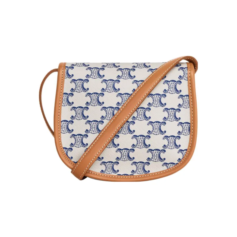 CELINE Besace Arc De Triomphe Canvas With Cowhide Trim Shoulder Bag Crossbody Bag Mini Women's Blue/White-2