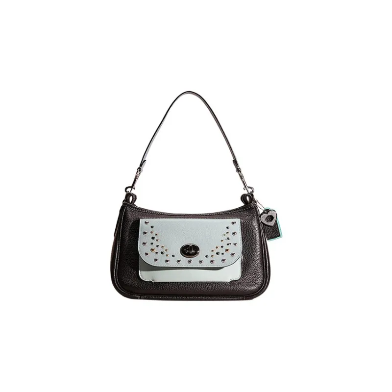 COACH Cary Pebbled Leather Shoulder Bag Handbag Shoulder Bag Crossbody Bag Large Size Women's Black-0