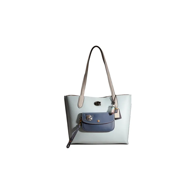 COACH Willow Coated Canvas With Leather Tote Bag Shopping Bag Handbag Shoulder Bag Women's Aqua Green With Blue Accents-0