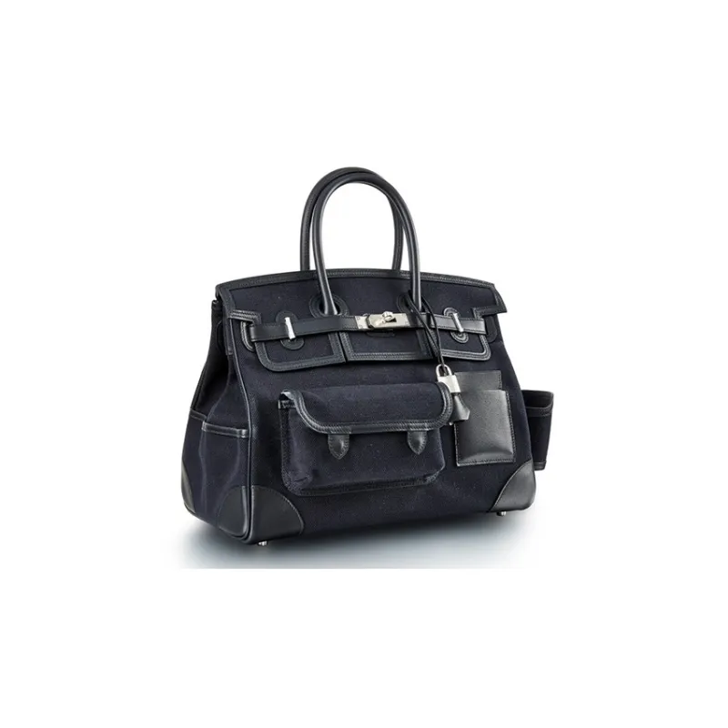 HERMES Birkin Cargo Canvas With Swift Cow Leather Birkin Bag Canvas Bag Handbags Unisex Noir Black-1