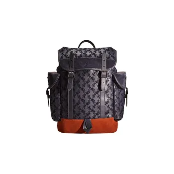COACH Hitch Calfskin Suede Travel Bags Backpack Large Size Men's Dark Blue Multicolor With Orange