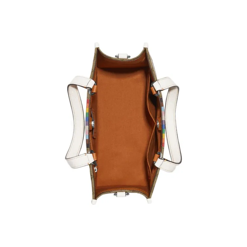 COACH Fabric With Leather Tote Bag, Shopping Bag, Tote, One Shoulder Handbag Tubas Women's Brown & White-2