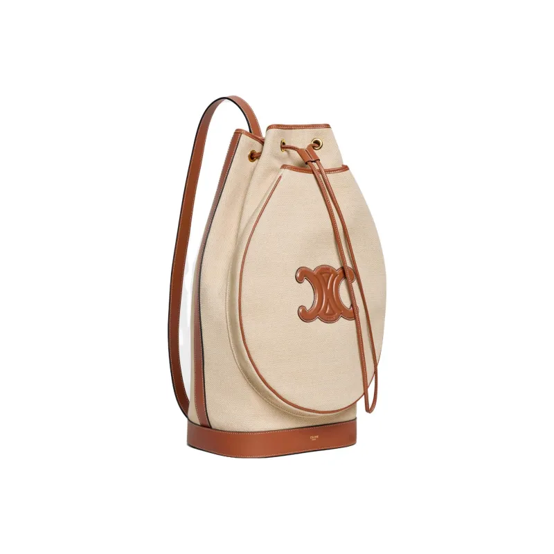 CELINE Triomphe Fabric And Calfskin Trim Tennis Racket Bag, Bucket Bag, Shoulder Bag Unisex Natural/Tan-1