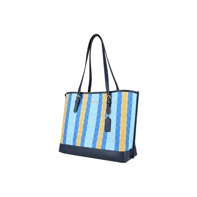 COACH Fabric With Leather Tote Bag Shopping Bag Handbag Shoulder Bag Large Size Women's Yellow Blue Mixed Color-1
