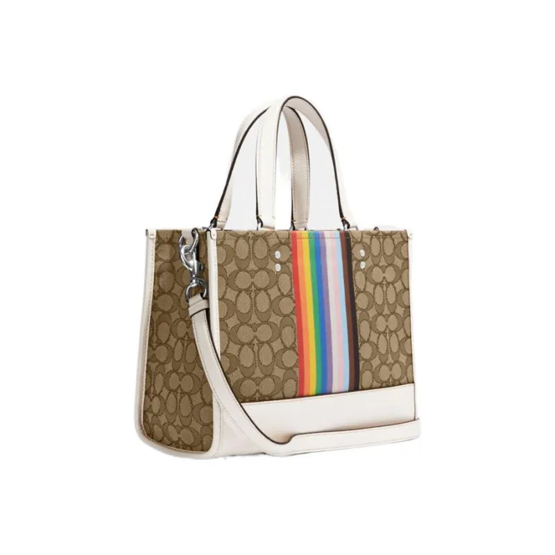 COACH Fabric With Leather Tote Bag, Shopping Bag, Tote, One Shoulder Handbag Tubas Women's Brown & White-1