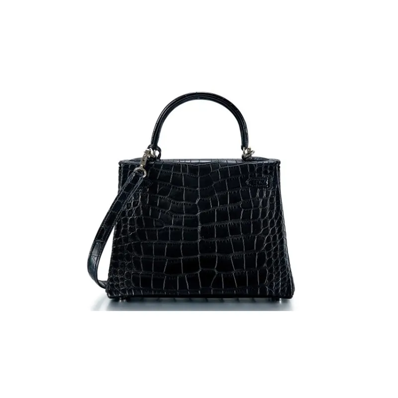 HERMES Kelly Matte Crocodile Leather Kelly Bag Handbags 25 Women's Noir Black-3