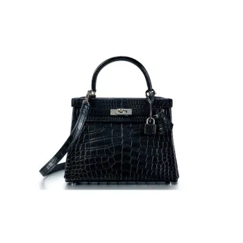 HERMES Kelly Matte Crocodile Leather Kelly Bag Handbags 25 Women's Noir Black