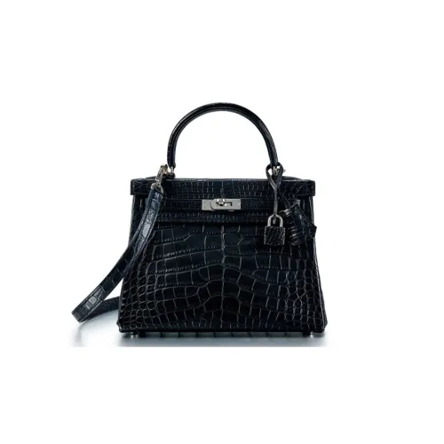 HERMES Kelly Matte Crocodile Leather Kelly Bag Handbags 25 Women's Noir Black