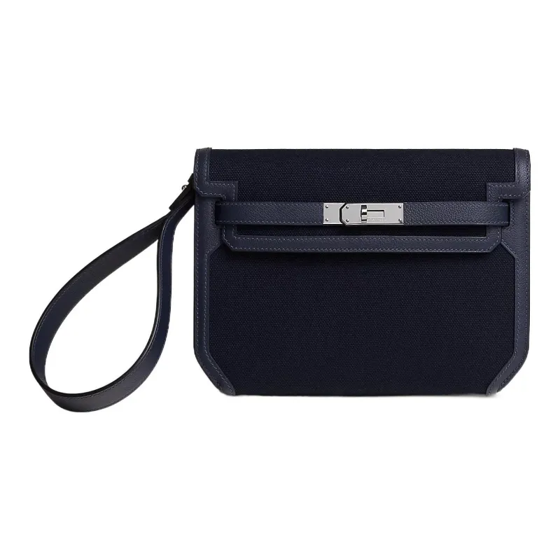 HERMES Kelly Depeches Goeland Fabric With Evercolor Calfskin Clutch Men's Marine Blue With Midnight Blue Accents-0