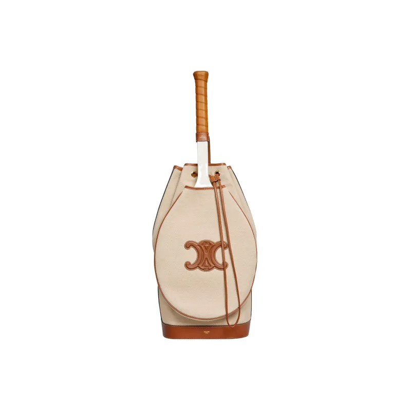 CELINE Triomphe Fabric And Calfskin Trim Tennis Racket Bag, Bucket Bag, Shoulder Bag Unisex Natural/Tan-3