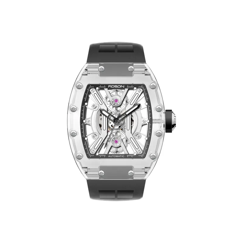 ROSDN Trendy Fashion Collection Automatic Mechanical Movement Silicone Strap Watch Men's Watches Cut Out Dial G2702-0
