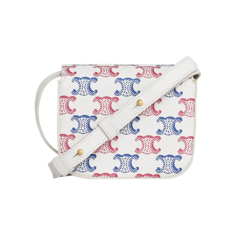 CELINE Triomphe Canvas paneled Calfskin Trim Handbag, Shoulder Bag, Crossbody Bag Mini Women's Blue/Red/White-3