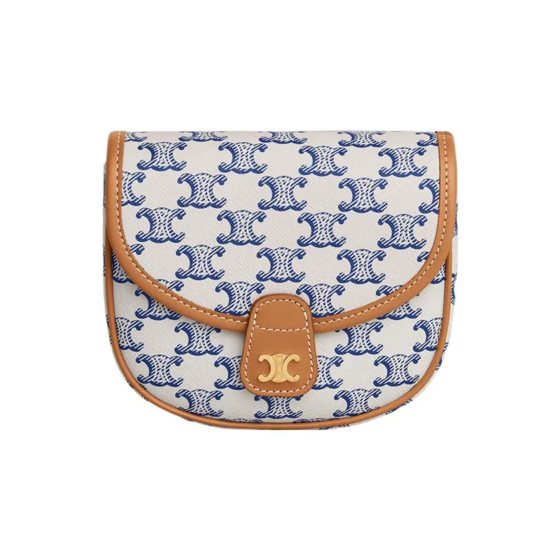 CELINE Besace Arc De Triomphe Canvas With Cowhide Trim Shoulder Bag Crossbody Bag Mini Women's Blue/White-0