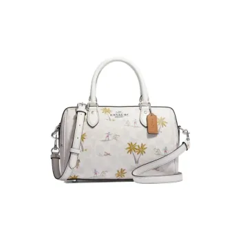 COACH Rowan Classic Jacquard Leather Boston Bag One Shoulder Handbags Medium Size Women's White