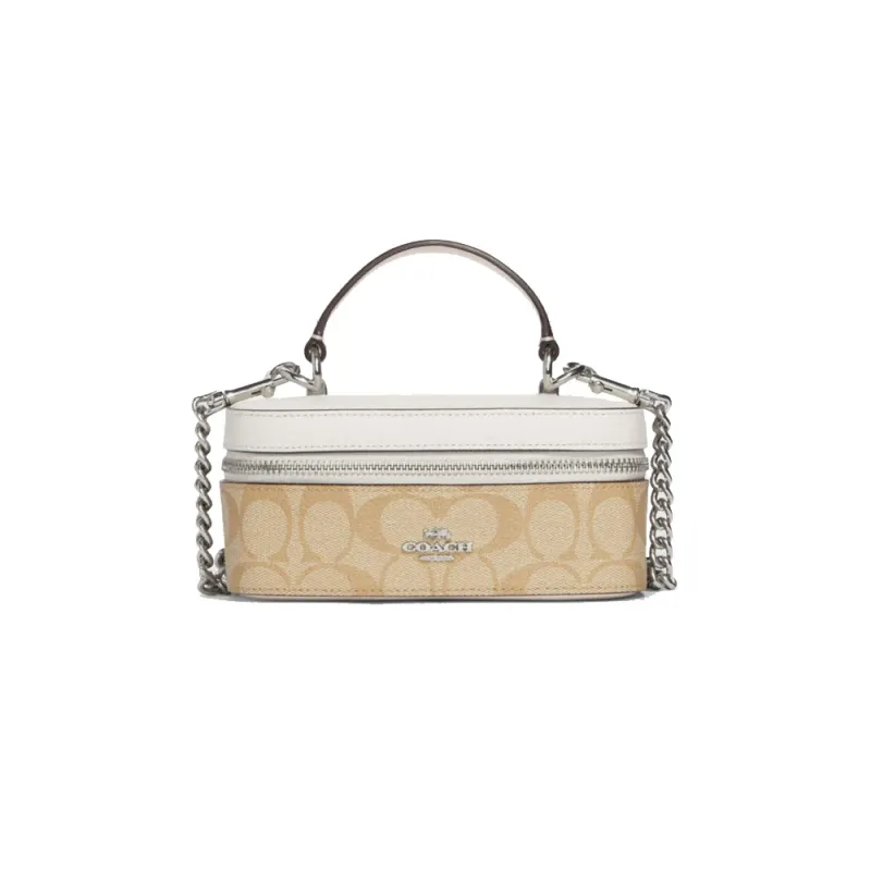 COACH Cow Leather Storage Bag, Handbag, Crossbody Bag Trumpets Women's Brown & White-0