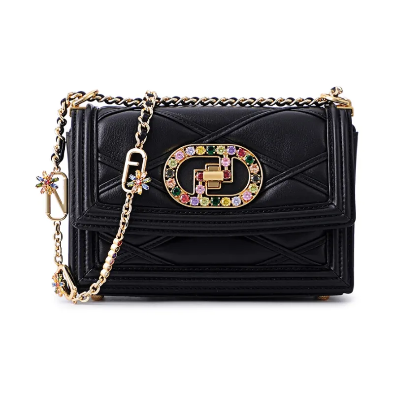 FION Cow Leather Small Square Bag, Chain Bag, Shoulder Bag, Crossbody Bag Trumpets Women's Black/White-0