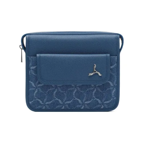 LI NING 1990 Cotton With Cow Leather Patchwork Small Square Bag Shoulder Bag Crossbody Bag Regular Unisex Blue Gray