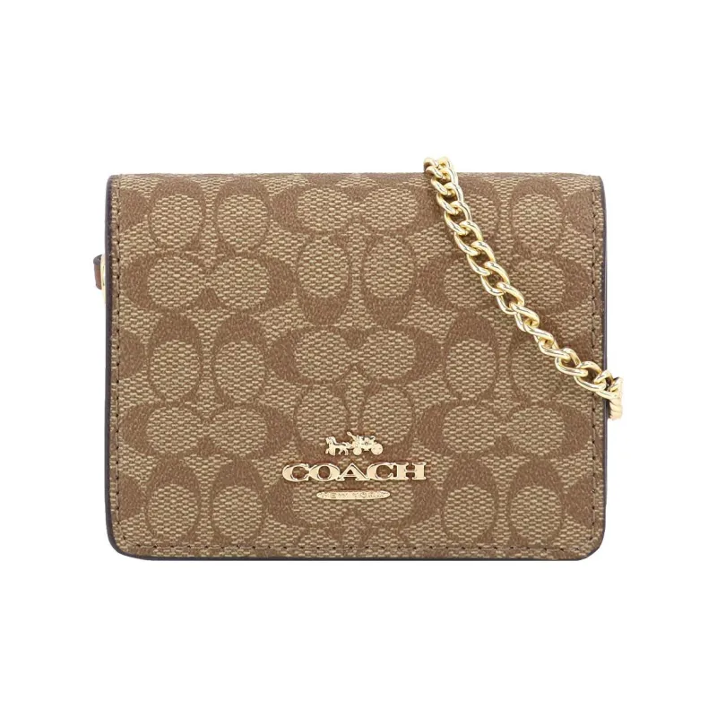COACH Canvas With Leather Card Holder Chain Wallet Mini Women's Khaki-1