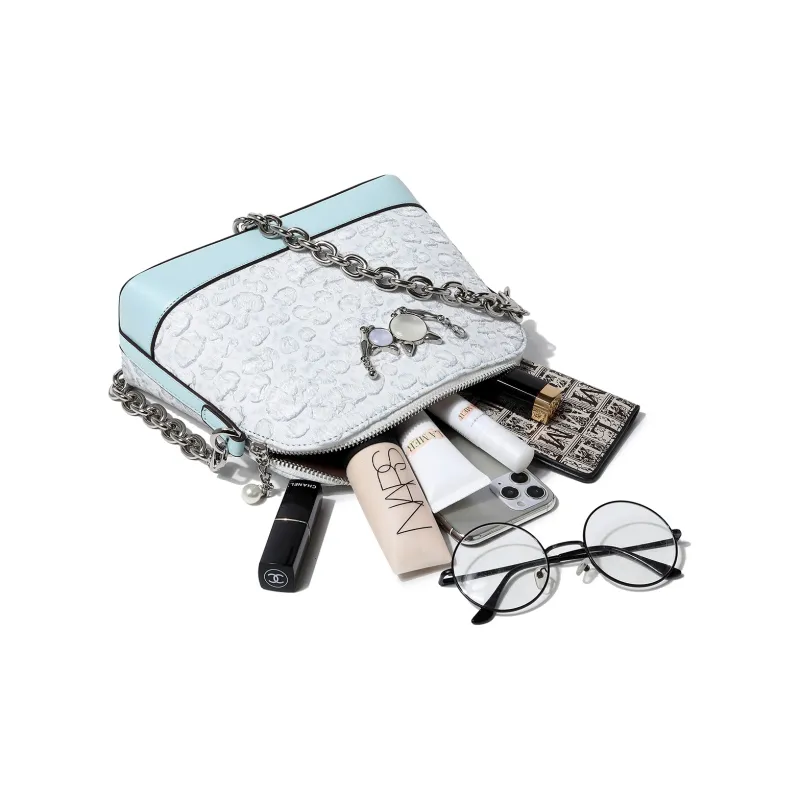 DORIS BETTY Technical Fabric Embossed Dome Bag, Chain Bag, Shoulder Bag, Crossbody Bag Women's Aqua Blue-5