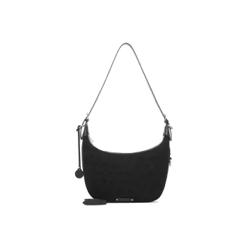 LI NING 1990 Cotton With Cow Leather Patchwork Moon Shaped Bag Handbag Shoulder Bag Regular Women's Black Gray Color