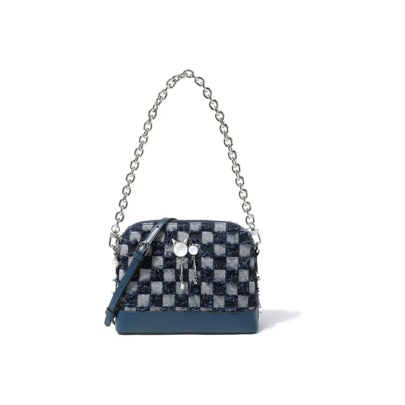 DORIS BETTY Denim Dome Bag Chain Bag Shoulder Bag Crossbody Bag Shoulder Bag Small Size Women's Dark Blue-1