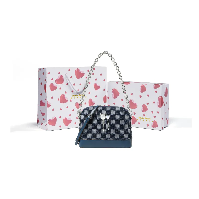 DORIS BETTY Denim Dome Bag Chain Bag Shoulder Bag Crossbody Bag Shoulder Bag Small Size Women's Dark Blue-0