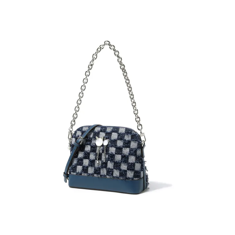 DORIS BETTY Denim Dome Bag Chain Bag Shoulder Bag Crossbody Bag Shoulder Bag Small Size Women's Dark Blue-2