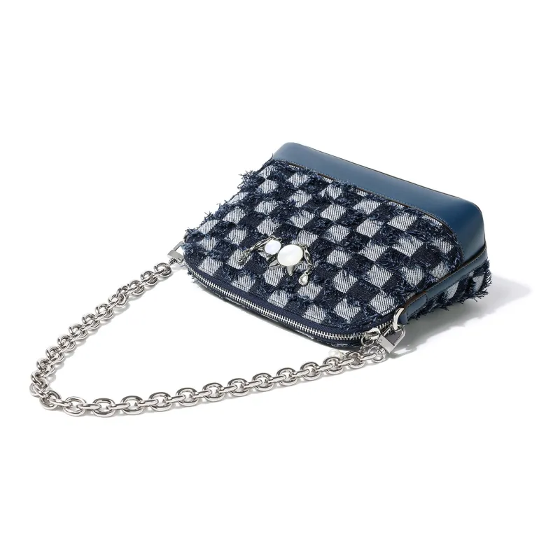 DORIS BETTY Denim Dome Bag Chain Bag Shoulder Bag Crossbody Bag Shoulder Bag Small Size Women's Dark Blue-4